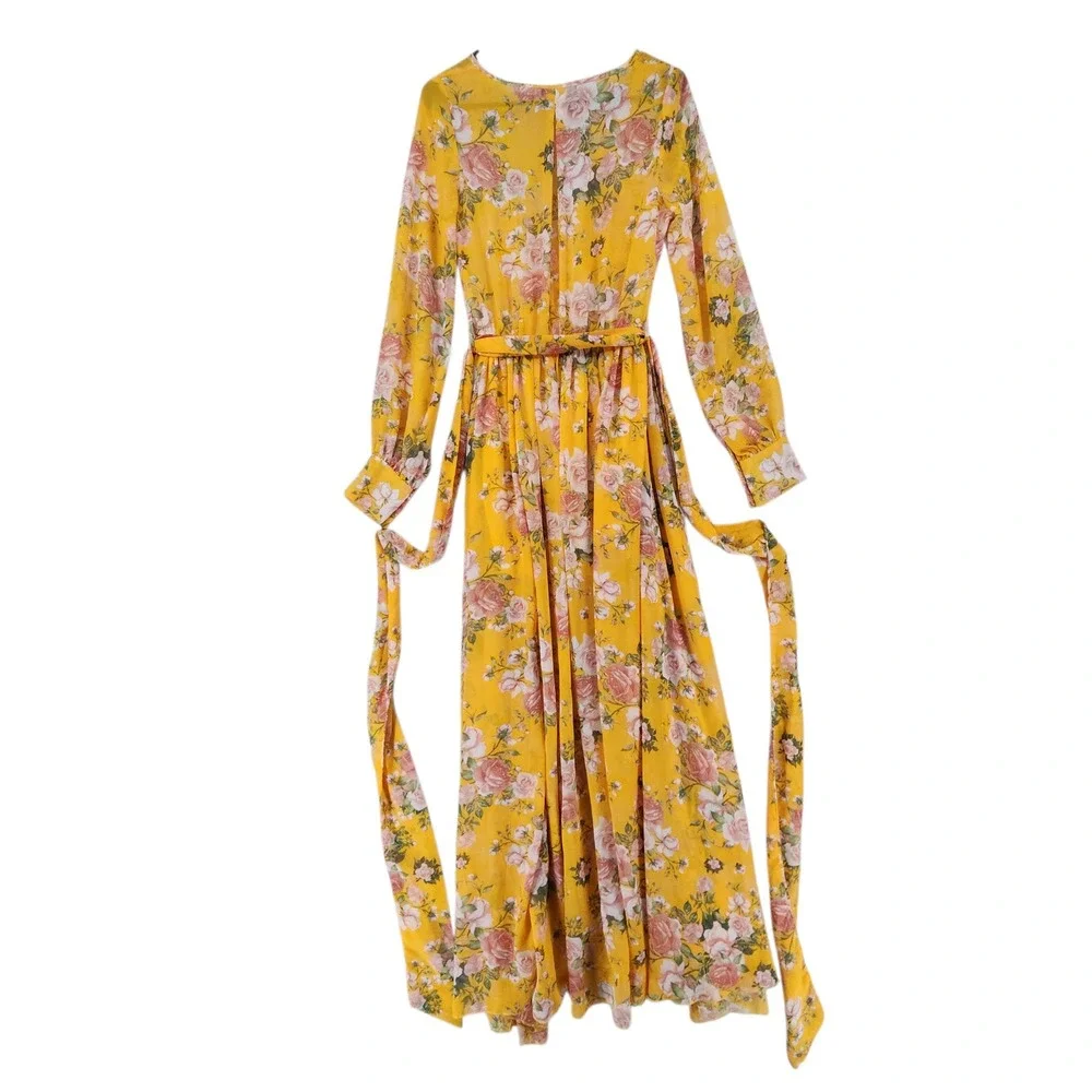 Petal Roz Maxi Dress M Fairy Whimsical Yellow Floral Faux Wrap Long Sleeve‎ Boho